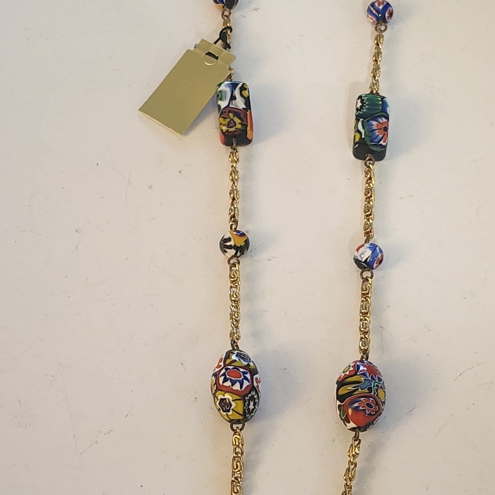 Murano Millefiore Glass Colorful Beaded Necklace with Goldtone Chain 26"
